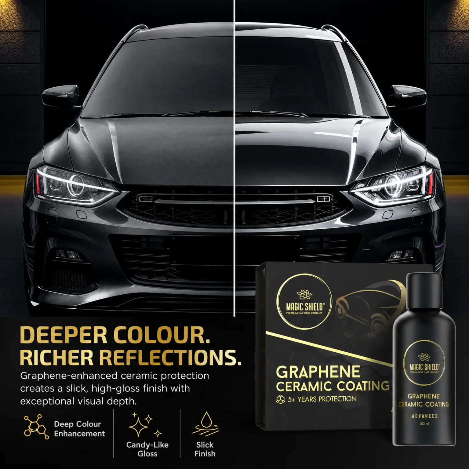 Paint comparison showing deeper colour and richer reflections after graphene coating