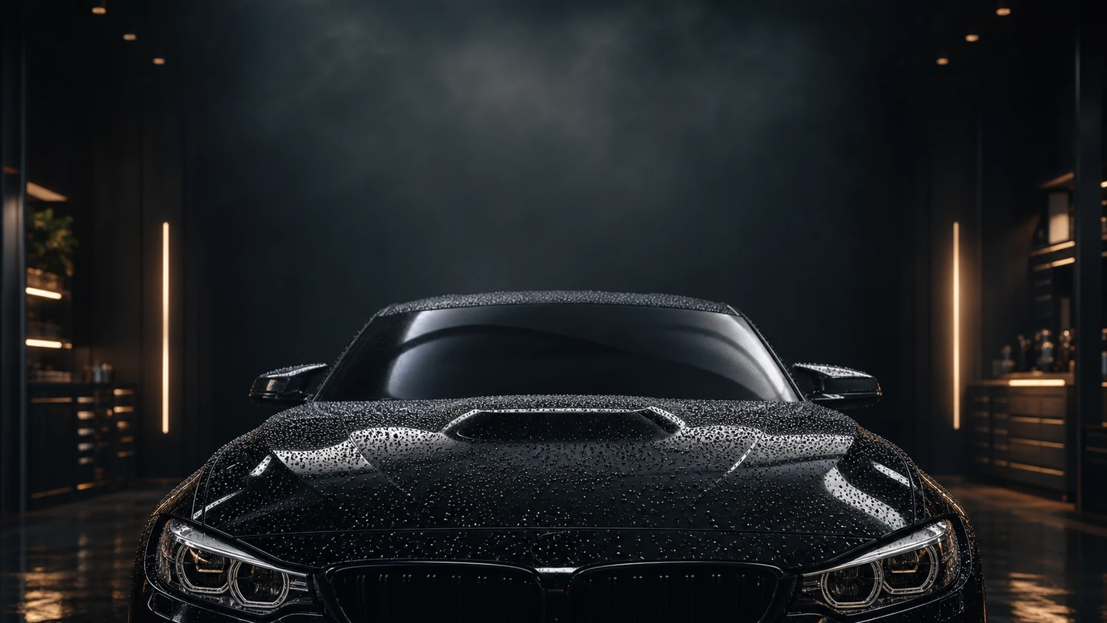 Glossy black car with water beading in a professional detailing studio